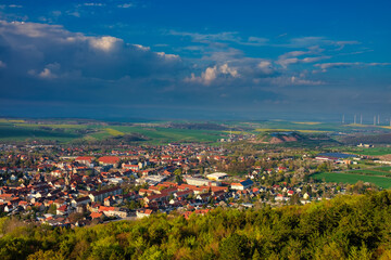 Houses in the city of Bleicherode, Germany. View from the top of german little city in spring day.