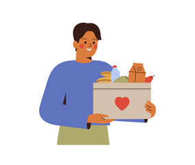 Man holds box with food items for charitable. Male person donates some products. Volunteer gives some items of food and drinks as social help. Vector illustration