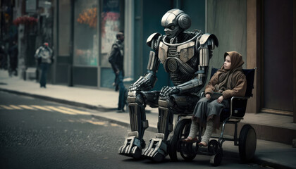 Fototapeta na wymiar Futuristic plot, a old robot in the city accompanies a person. generative AI