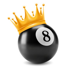 Black billiards ball with number eight and gold crown. Conceptual icon on billiard theme. 3d realistic vector illustration - obrazy, fototapety, plakaty