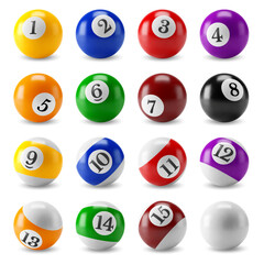 3d realistic Pool or American billiards balls collection. Snooker color balls with numbers and zero ball. Isolated on white background. Billiards icon set. Vector illustration. - obrazy, fototapety, plakaty