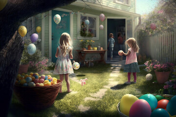 Easter Egg Hunt in the Garden Outdoor fun children young girls hunting eggs outdoor kids generative ai