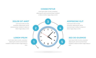 Infographic template with clock and five elements for your text