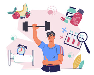 Biohacking and healthy lifestyle concept, extended health surveillance and longevity program, flat cartoon vector illustration isolated on white background. Biohacking for life extension.