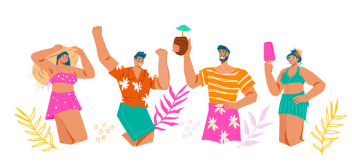 People in summer clothing and beach wear for beach or pool party topic, flat vector illustration on white background. Young people dancing on the party.