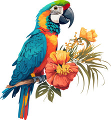 macaw perched on a branch with a flower created with Generative AI technology
