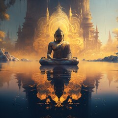 Buddha meditation on the golden lake