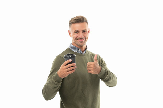 photo of man at coffee break, thumb up. man at coffee break isolated on white.