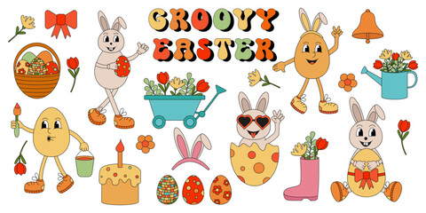 Obraz premium Easter character in trendy retro 60's 70's cartoon style. Groovy hippie easter set isolated on white