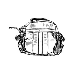 Black and white sketch of a backpack with transparent background