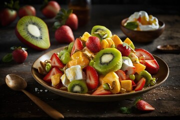 A fruit salad with kiwi, strawberries and mango