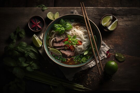 A bowl of Vietnamese pho with rice noodles and fresh herbs