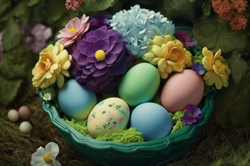 Fototapeta na wymiar A basket full of vibrantly dyed Easter eggs, nestled amongst pastel-hued flowers and green grass, Easter decoration, generative ai