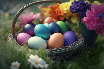 Naklejka premium A basket full of vibrantly dyed Easter eggs, nestled amongst pastel-hued flowers and green grass, Easter decoration, generative ai