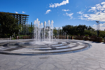 Fountain on a site near the seashore. Vacation at the recreation center near the Black Sea.