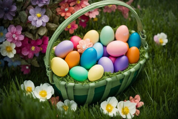 A basket full of vibrantly dyed Easter eggs, nestled amongst pastel-hued flowers and green grass, Easter decoration, generative ai