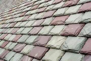Slate roofing tiles on a historic building.  Attractive, durable roofing material. 