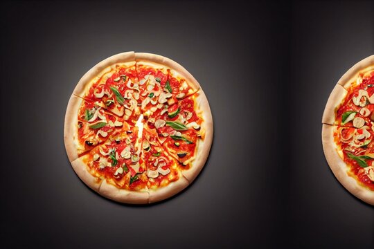 Pizza With Cheese, Tomato And Basil, Top Down View, Generative Ai