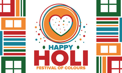 Obraz premium Happy Holi. Festival of Colours. Phagwah. Annual Hindu Spring Festival. Celebrated in India and Nepal and other Asia. Beautiful poster design with heart. Vector illustration