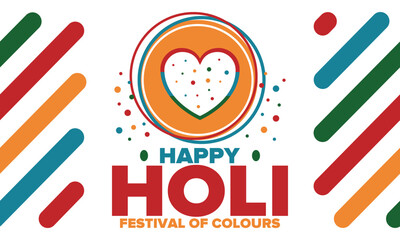Happy Holi. Festival of Colours. Phagwah. Annual Hindu Spring Festival. Celebrated in India and Nepal and other Asia. Beautiful poster design with heart. Vector illustration