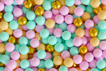 Colorful and glossy balls, sweet candy or bubble gum. Bright background with a lot of multi colored balls. Realistic 3d render illustration