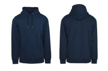 Add your own design. Navy Blue Pullover Hoodie with Set In Sleeve. Cutout and Isolated on a Transparent Background for Easy Editing and Personalisation. Photographed on an Adult Male Ghost Mannequin.