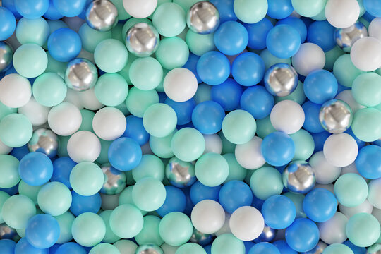 Colorful and glossy balls, sweet candy or bubble gum. Bright background with a lot of blue and silver balls. Realistic 3d render illustration