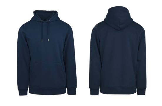 Add your own design. Navy Blue Pullover Hoodie with Set In Sleeve. Cutout and Isolated on a Transparent Background for Easy Editing and Personalisation. Photographed on an Adult Male Ghost Mannequin.