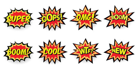Sound bubble effects in pop art style. Retro style shout speech bubbles vector set