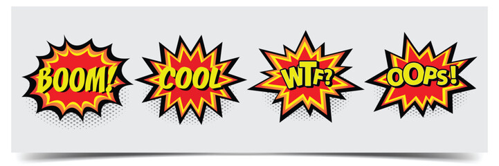 Cartoon comic sign burst clouds. Boom signs expression and pop art. Retro style shout speech bubbles