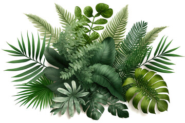 Isolated jungle leaves pattern on white background.