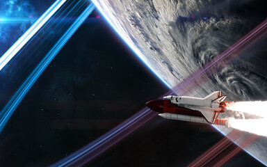 Space shuttle on background of deep space planet. Science fiction. Elements of this image furnished by NASA