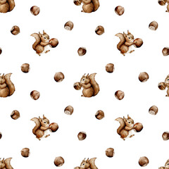 Cute seamless pattern with watercolor squirrel forest animals and hazelnut. Cute children pattern. Perfect for background paper or textiles.