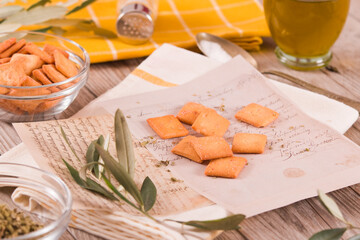 Crostini bread with oregano and olive oil.