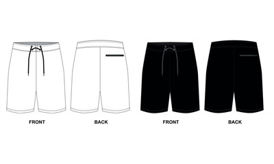 Set of vector drawings of sports men's shorts in black, white colors. Outline template of sports shorts front and back view, vector. Shorts for football, basketball, tennis, boxing, fitness, swimming,