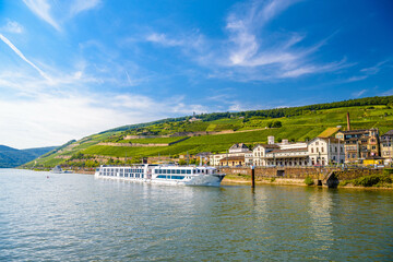 Touristic cruise passenger motor ship boat and vineyards in Ruedesheim am Rhein Rhine, Rudesheim, Rheingau-Taunus-Kreis, Darmstadt, Hessen, Germany - obrazy, fototapety, plakaty