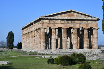 Architecture of an ancient Greek temple in the archaeological park of Paestum in Campania, Italy.