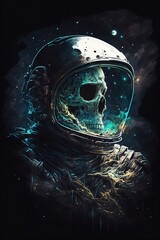 A skeleton astronaut keeping count of the days in a desolate lunar outpost, evoking a sense of eerie solitude and existential contemplation, illuminated by the cold blue light of the moon and the fain