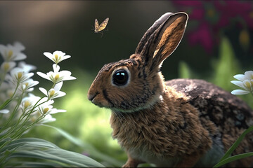 A beautiful brown rabbit with spots in a greenery with flowers and a butterfly flying, generative ai