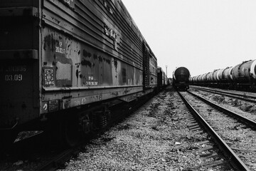 Wagons and tanks of freight trains on rails