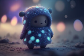 A tiny character in a blue coat with a hood. Bokeh. Blur background. Generated by AI