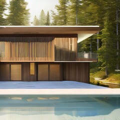 A serene, nature-inspired modern home with rustic wood features 3_SwinIRGenerative AI