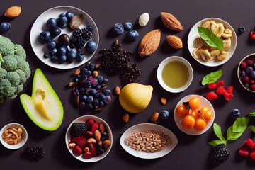 Brain Power Food to boost brainpower concept as a group of nutritious nuts fish vegetables and berries with omega-3 fatty acids in plates for cognitive health. Generative AI