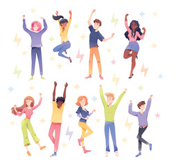 Happy People Characters Rejoicing and Cheering Vector Set