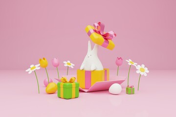 Gift box with easter bunny and colorful easter eggs on pink backgound, happy Easter holiday concept. 3d rendering.