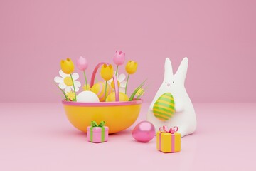 Gift box with easter bunny and colorful easter eggs on pink backgound, happy Easter holiday concept. 3d rendering.