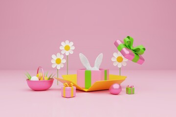 Gift box with easter bunny and colorful easter eggs on pink backgound, happy Easter holiday concept. 3d rendering.