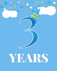 Fototapeta na wymiar Birthday card 3 years anniversary design with colors stars on blue background. Birthday invitation. Kids design. Vector. Poster 