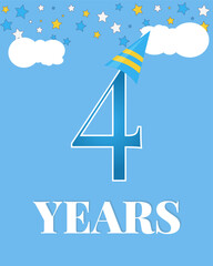 Fototapeta premium Birthday card 4 years anniversary design with colors stars on blue background. Birthday invitation. Kids design. Vector. Poster 