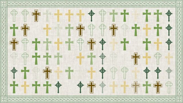 Celtic cross pattern on Irish linen texture background animation. Early Christian manuscript styled design for Saint Patrick's Day. This ornate religious symbols background is 4K and a seamless loop.